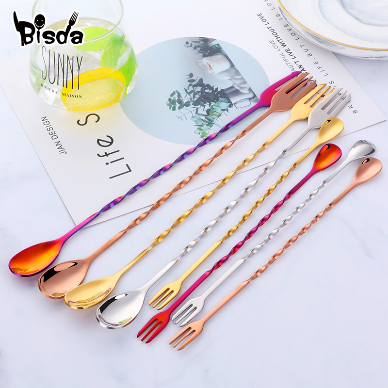 Bar Spoon Twisted - ملاعق بار الكوكتيل مع شوكة، ستانلس